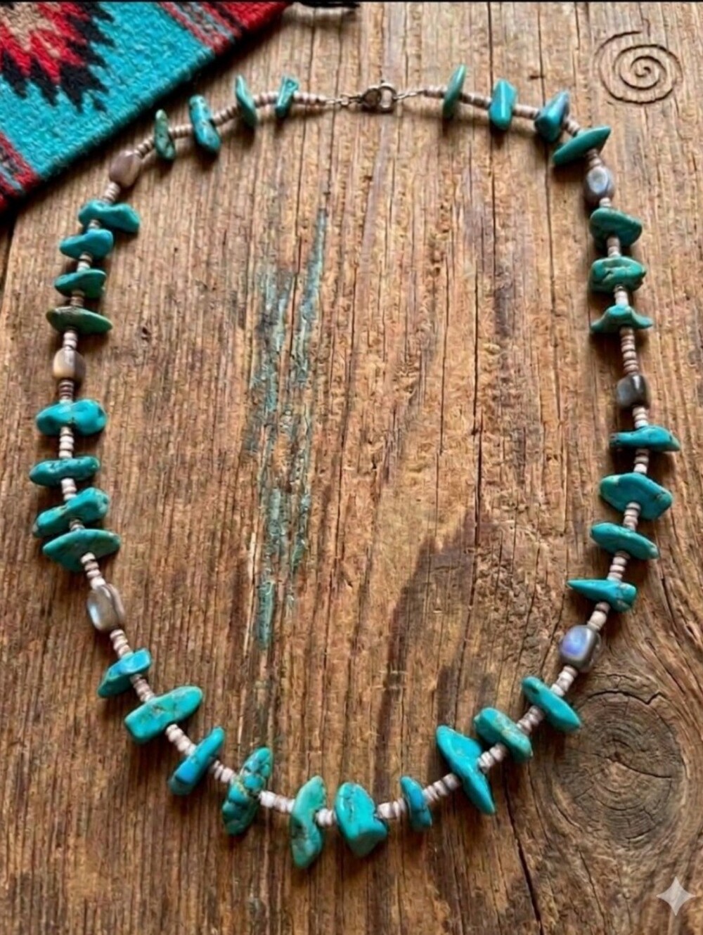 Turquoise Chip Beaded Necklace W / Silver Space Beads Spring Ring Clasp "18" L